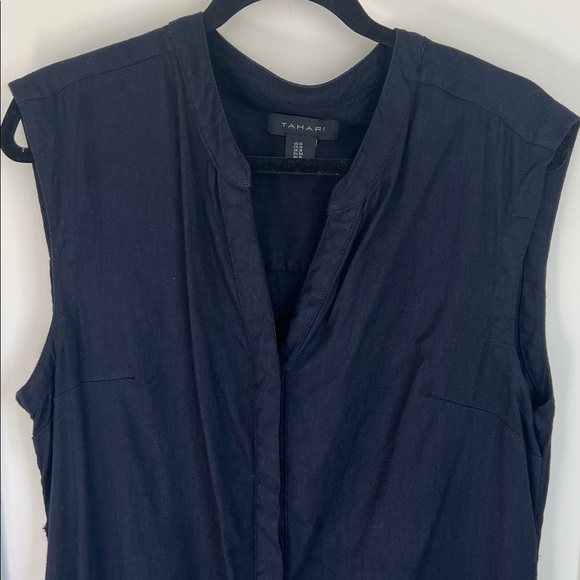 🪅TAHARI Black Linen Blend Button Front Sleeveless Shift Dress Size 14 - Picture 2 of 8